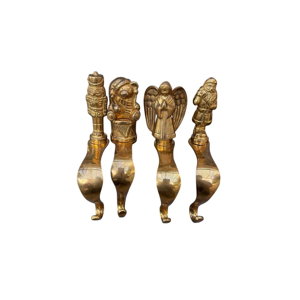 Vintage Christmas Brass Stocking Holders - 4, Santa, Bear, nutcracker, Angel